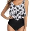 Conservative Women Ruffled Flounce Bikini Swimsuit-Black Palm Tree