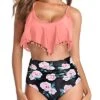 Pom Pom Trim Bathing Suit Two Piece Bikini Swimsuit-Coral Pink Floral