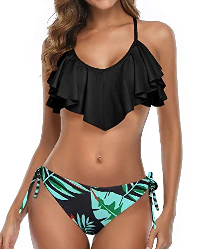 Flounce Cross Back Bathing Suit Bikini For Women Set-Black And Green Leaf 1 Flounce Cross Back Bathing Suit Bikini For Women Set-Black And Green Leaf