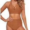 Summery Halter Two Piece High Waisted Bikini Set-Brown