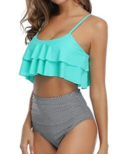 Two Piece Ruffle Bikini Flattering High Waisted Bottoms-Aqua Stripe -Bikini Beach Shop 41psWx4H CS a7fa5630 40c6 46b9 8ecf 557334f0eb53