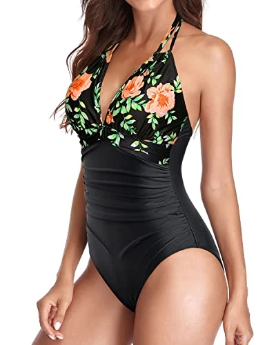 Sexy Halter Ruched Swimwear Black Halter Bathing Suits-Black Pink Flowers 2 Sexy Halter Ruched Swimwear Black Halter Bathing Suits-Black Pink Flowers - Image 2