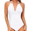 Sexy Ruched Slimming Bathing Suits Backless Swimwear-White