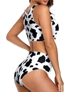 Full Coverage High Waist Bikini Sporty Two Piece Swimsuits-Black And White Cow Pattern1 -Bikini Beach Shop 41qCbPLrzwL