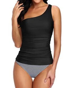 Modest Tummy Control One Shoulder Tankini Swimsuit For Ladies-Black Stripe