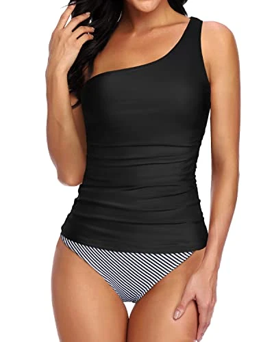 Modest Tummy Control One Shoulder Tankini Swimsuit For Ladies-Black Stripe 1 Modest Tummy Control One Shoulder Tankini Swimsuit For Ladies-Black Stripe