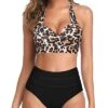 Stylish Highwaist Bikini Bathing Suit Adjustable Straps-Black And Leopard