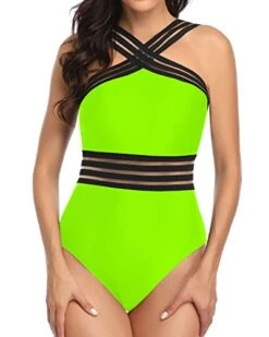 Fashionable Crisscross Design One Piece Front Crossover Swimwear-Neon Green
