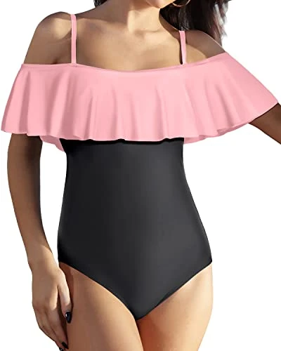 Padded Bra Off Shoulder One Piece Swimsuit For Women-Pink And Black 1 Padded Bra Off Shoulder One Piece Swimsuit For Women-Pink And Black