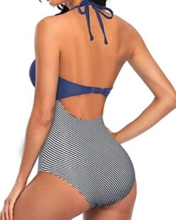 Slimming Silhouette Tie Monokini Halter One Piece Swimsuits-Blue White Stripe 6 Slimming Silhouette Tie Monokini Halter One Piece Swimsuits-Blue White Stripe -Bikini Beach Shop 41q KnXLrVL