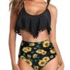 Ruffle Flounce Pom Pom Trim Two Piece Bikini Swimsuit-Black Sunflower