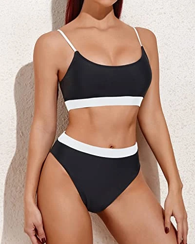Female Curves Enhancing High Waisted Bikini Sporty Scoop Neck Swimsuits-Black And White 3 Female Curves Enhancing High Waisted Bikini Sporty Scoop Neck Swimsuits-Black And White - Image 3