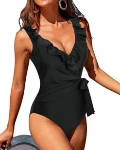 Flattering High Waisted Ruffle V Neck One Piece Swimsuits-Black -Bikini Beach Shop 41qrRBM27uL 17ea55c0 381a 4b33 825b 1b2a4d30d61f