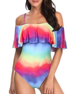 Women's Off Shoulder Slimming One Piece Swimsuits-Color Tie Dye
