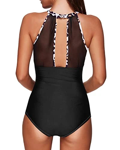 Stylish Ruched Push-Up Monokini Swimsuit Deep Plunge For Women-Black And Leopard 2 Stylish Ruched Push-Up Monokini Swimsuit Deep Plunge For Women-Black And Leopard - Image 2