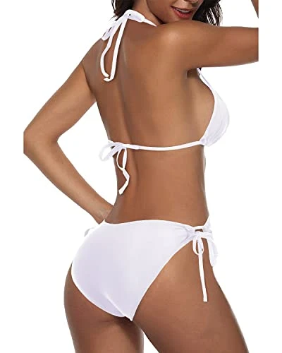 Feminine Two Piece Halter Padded Top Tie Side Bottom Triangle Bikini Bathing Suit-White 2 Feminine Two Piece Halter Padded Top Tie Side Bottom Triangle Bikini Bathing Suit-White - Image 2