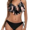 Two Piece Flounce Padded Ruffled Top Women Cross Back Bathing Suit-Black Orange Floral