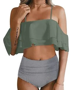 Adjustable Strap Off Shoulder Two Piece Swimwear-Navy Blue