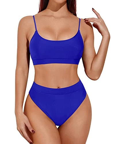 Adjustable Spaghetti Straps High Waisted Bikini Sporty Scoop Neck Swimsuits-Royal Blue 1 Adjustable Spaghetti Straps High Waisted Bikini Sporty Scoop Neck Swimsuits-Royal Blue