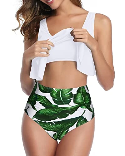 Two PiecePush Up Bras Women Ruffled Flounce Bikini Swimsuit-White Leaf 4 Two PiecePush Up Bras Women Ruffled Flounce Bikini Swimsuit-White Leaf - Image 4