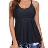2 Piece Flowy Swimwear Tankini Boyshorts Swimsuit-Black Flamingo
