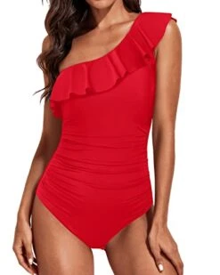 Ruched One Shoulder One Piece Swimsuits-Red 6 Ruched One Shoulder One Piece Swimsuits-Red -Bikini Beach Shop 41sIMZUMPgL