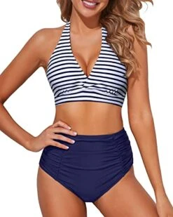 Charming Tummy Control Two Piece High Waisted Bikini Set-Blue White Stripe