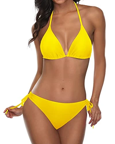 Halter Top Tie Side Bottom Women Two Piece Bikini-Neon Yellow 1 Halter Top Tie Side Bottom Women Two Piece Bikini-Neon Yellow
