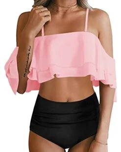 Sexy Two Piece High Waisted Ruffle Bikini Set For Summer-Pink And Black