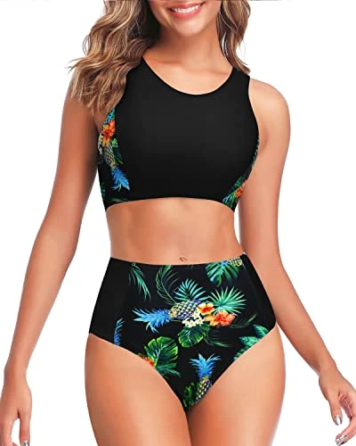 Trendy High Waisted Two Piece Bikini Set For Teen Girls-Black Pineapple 1 Trendy High Waisted Two Piece Bikini Set For Teen Girls-Black Pineapple