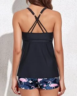 2 Piece Flowy Swimwear Tankini Boyshorts Swimsuit-Black Flamingo -Bikini Beach Shop 41sh0RQ ikL