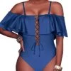 Ruffled Strapless One Piece Swimsuit For Women-Light Grey Blue