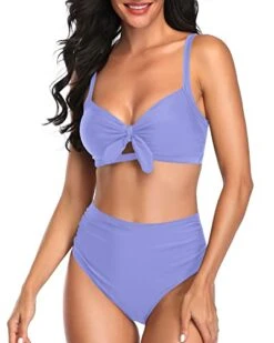 Trendy Tie Knot High Waisted Bikini Set Tummy Control Ruched Bikini-Blue