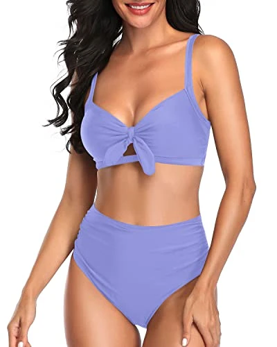 Trendy Tie Knot High Waisted Bikini Set Tummy Control Ruched Bikini-Blue 1 Trendy Tie Knot High Waisted Bikini Set Tummy Control Ruched Bikini-Blue