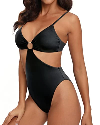 Women One Piece Mesh Swimsuit High Neck Halter Cutout Monokini Swimwear-Black 3 Women One Piece Mesh Swimsuit High Neck Halter Cutout Monokini Swimwear-Black - Image 3