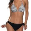 Halter Top Tie Side Bottom Thong Bikini Swimsuit For Women-Black And White Stripe