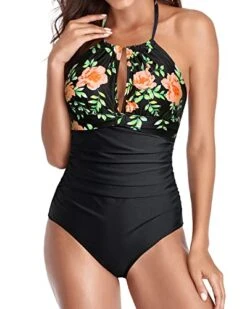 Sexy Halter Ruched Swimwear Black Halter Bathing Suits-Black Pink Flowers 7 Sexy Halter Ruched Swimwear Black Halter Bathing Suits-Black Pink Flowers -Bikini Beach Shop 41st18WfEnL