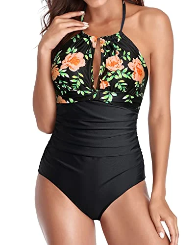 Sexy Halter Ruched Swimwear Black Halter Bathing Suits-Black Pink Flowers 4 Sexy Halter Ruched Swimwear Black Halter Bathing Suits-Black Pink Flowers - Image 4