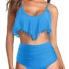 Stylish Pom Pom Trim Bikini Ruffle Flounce High Waisted Bikini For Women's Two Piece