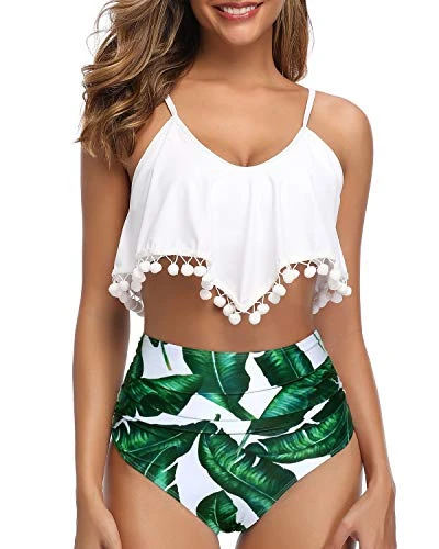 Pom Pom Trim Flounce Two Piece Bikini Ruffle Swimsuit For Women-White Leaf 1 Pom Pom Trim Flounce Two Piece Bikini Ruffle Swimsuit For Women-White Leaf