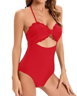 Women's Full Coverage Ruched High Waist Bikini Bottoms-Red -Bikini Beach Shop 41szVy6u58L