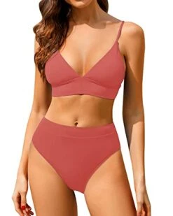 Trendy High Waisted Bikini Set Two Piece Triangle Bathing Suits For Ladies-Red
