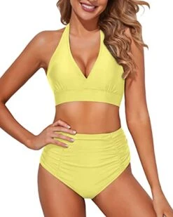 Double Buckles Self-Tie Halter Bikini Set For Women-Yellow