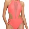 Strap Cutout Monokini High Neck One Piece Swimsuit-Coral Pink