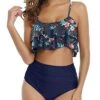 Flirty And Chic Ruffle High Waisted Bikini Set-Blue Colorul Flowers