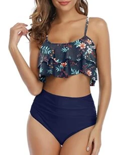 Flirty And Chic Ruffle High Waisted Bikini Set-Blue Colorul Flowers