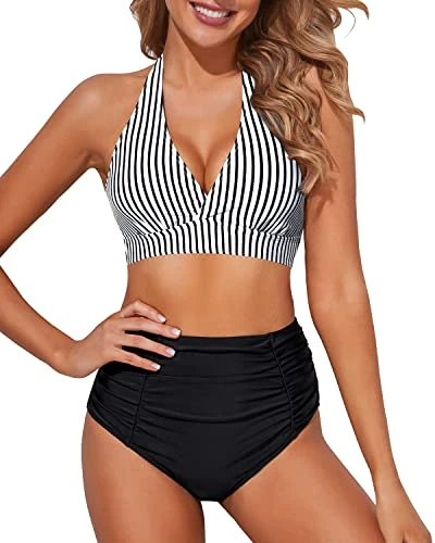 Slimming Ruched Two Piece High Waisted Bikini Set-Black And White Stripe 1 Slimming Ruched Two Piece High Waisted Bikini Set-Black And White Stripe