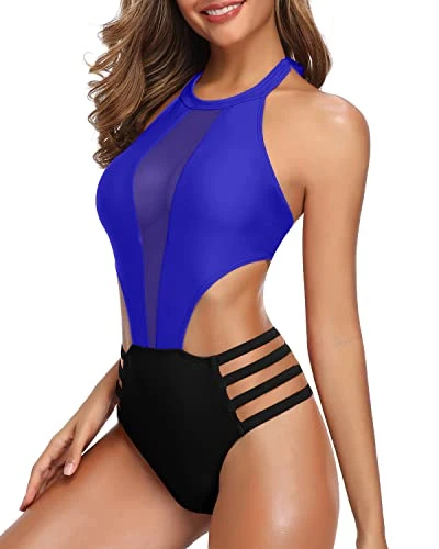 Halter Tie Neckline Sexy One Piece Bathing Suit For Women-Royal Blue And Black 4 Halter Tie Neckline Sexy One Piece Bathing Suit For Women-Royal Blue And Black - Image 4