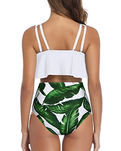 Two PiecePush Up Bras Women Ruffled Flounce Bikini Swimsuit-White Leaf 2 Two PiecePush Up Bras Women Ruffled Flounce Bikini Swimsuit-White Leaf - Image 2