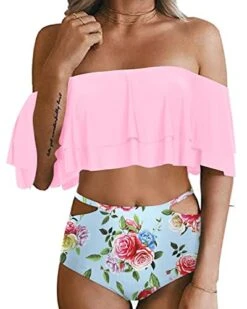 Attractive Side Hollow Out High Waisted Bikini Set Swimsuit-Light Pink Floral